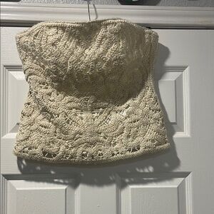 White House, Black Market Elegant Cream/ Taupe Crochet Strapless Top